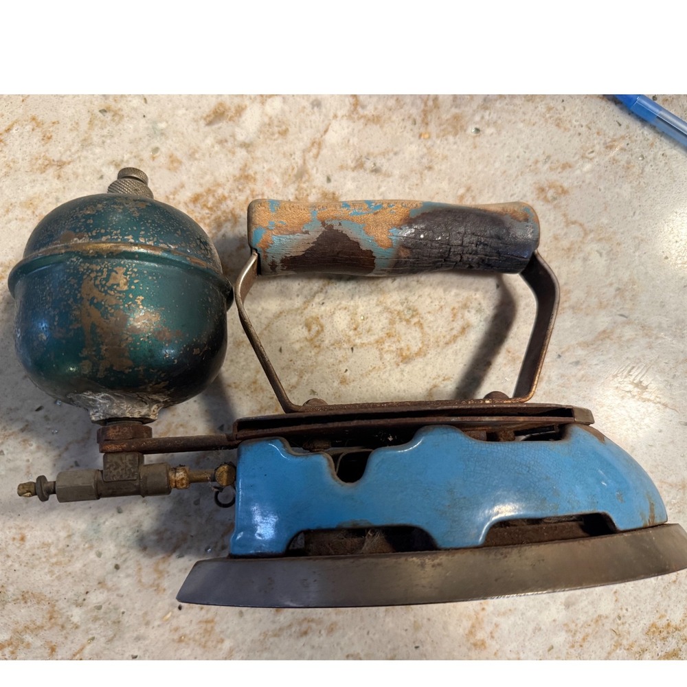 Vintage Gas Pressure Flat Iron Blue Enamel Green Tank Antique Primitive Decor